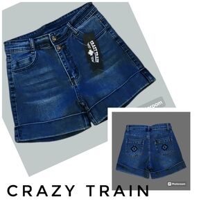 CRAZY TRAIN Western Dark Wash Embroidered Aztec Cuffed Denim Shorts